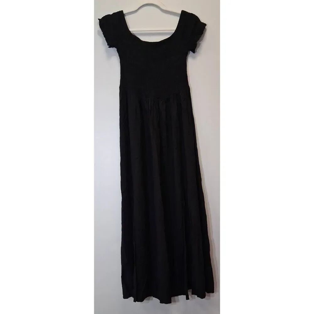Womens large smocked maxi dress black ruched beach romantic fairy